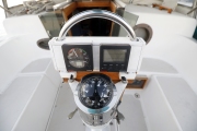 Pedestal mounted depth, speed, wind instruments and lighted compass.